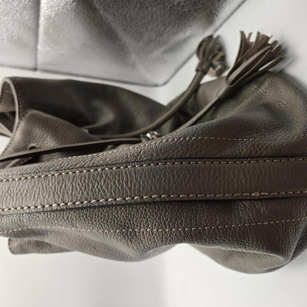 Brighton Gray Pebbled Leather Drawstring Bucket Purse with Shoulder Strap - Picture 4 of 16